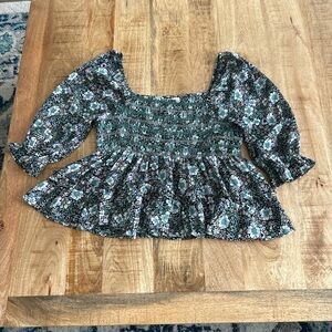 American Eagle Outfitters Floral Smocked Blouse - Black and Green